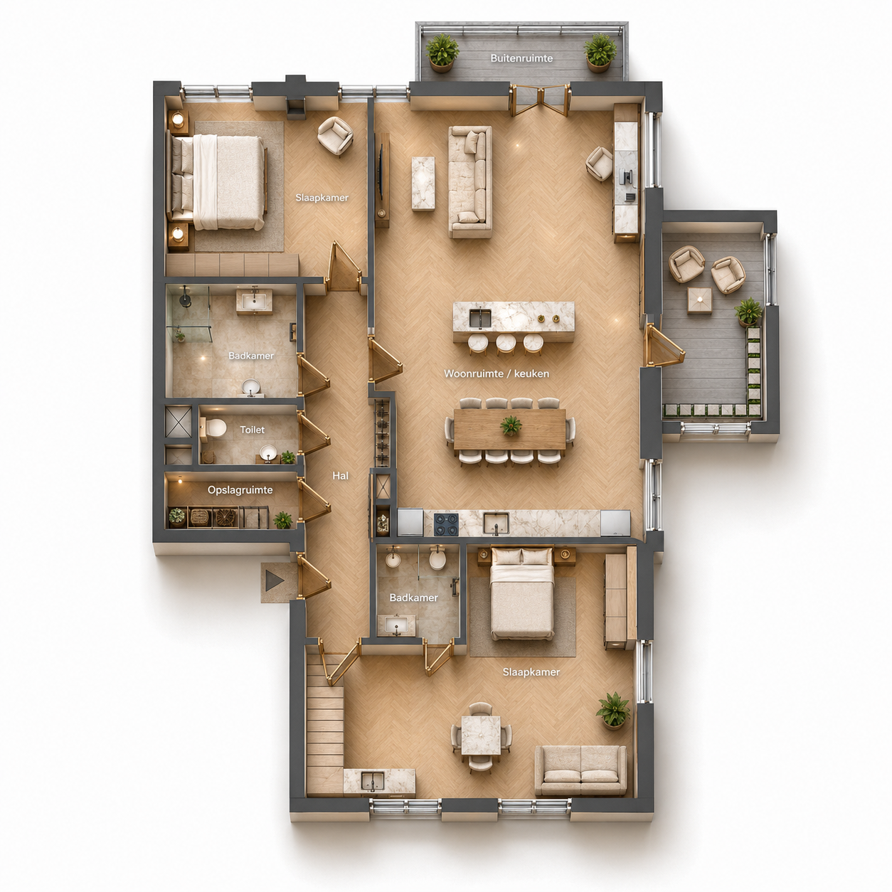 Aangeklede plattegrond van appartement 1e Verdieping Oost