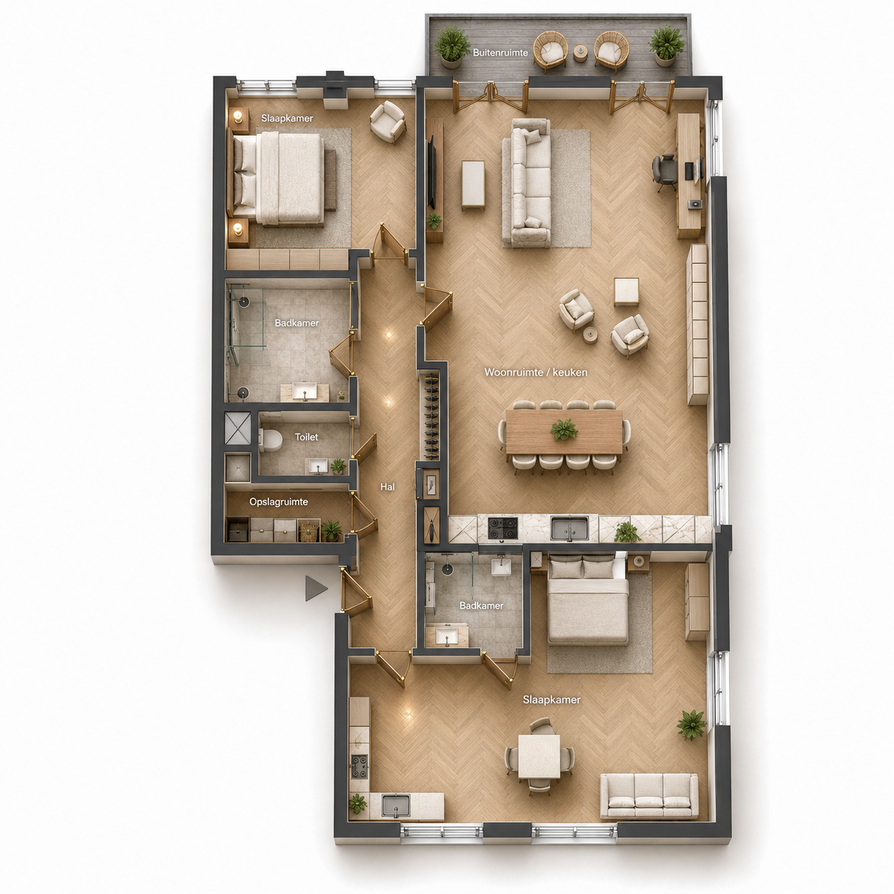 Aangeklede plattegrond van appartement 2e Verdieping Oost