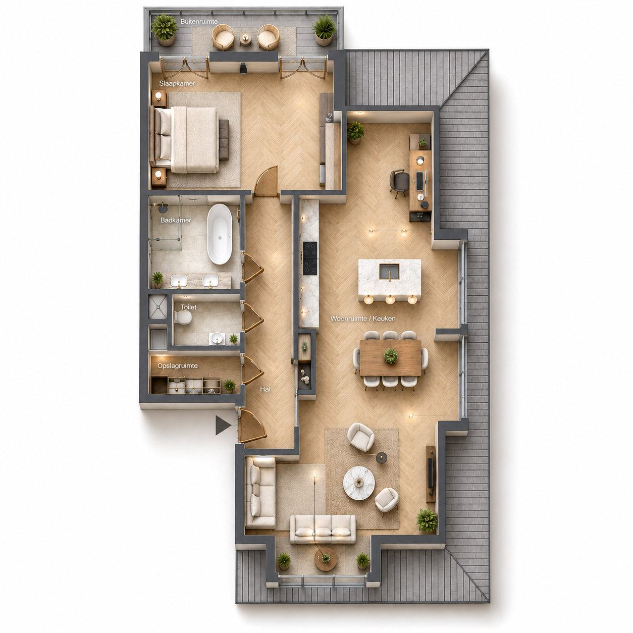 Aangeklede plattegrond van appartement 3e Verdieping Oost