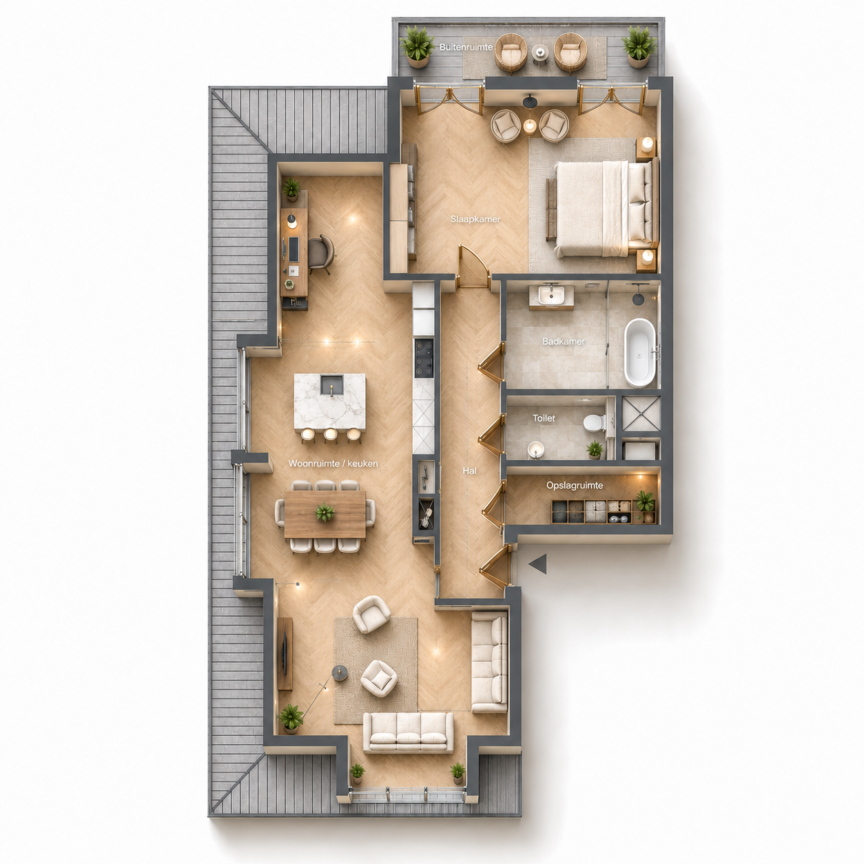 Aangeklede plattegrond van appartement 3e Verdieping West