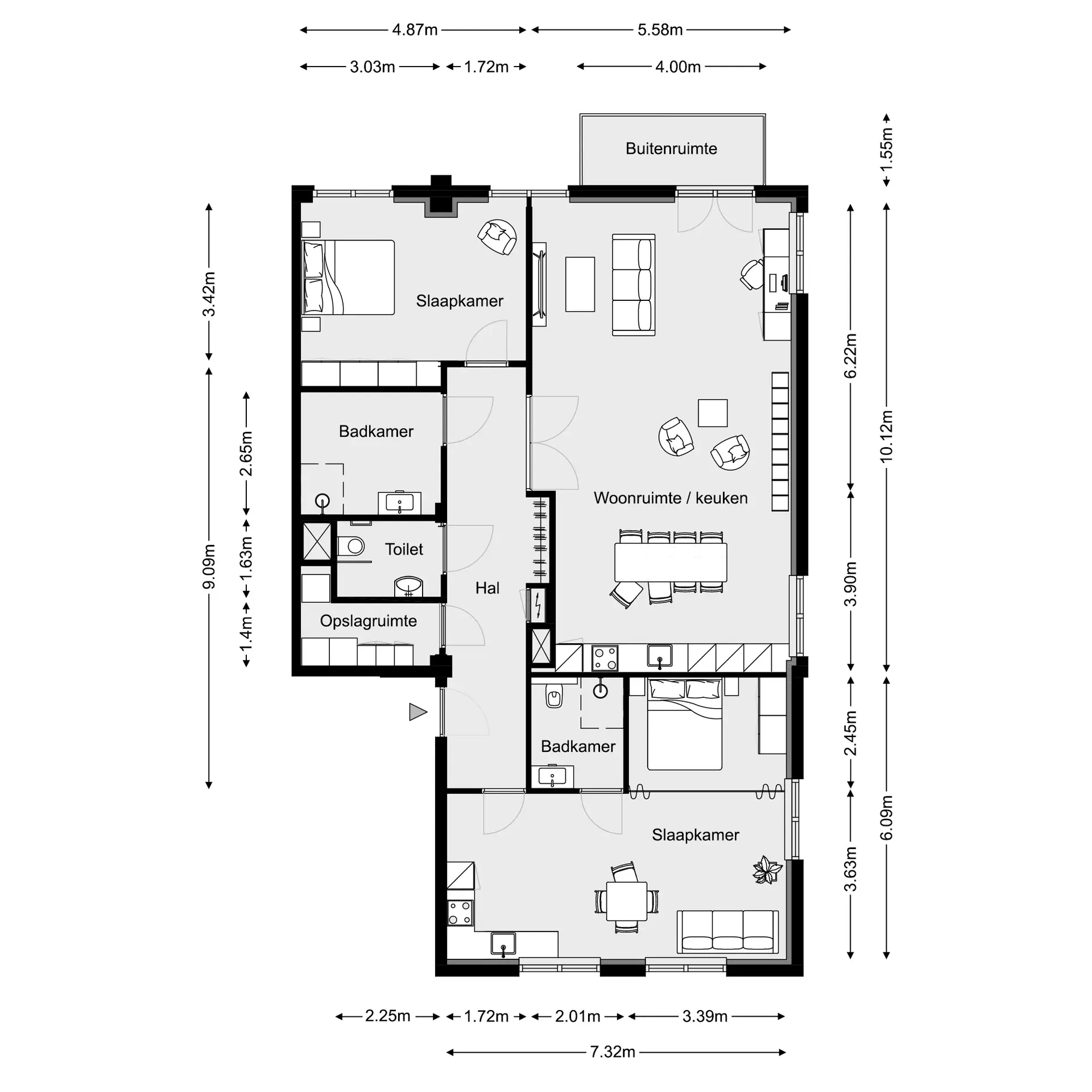 Technische plattegrond van appartement 2e Verdieping Oost