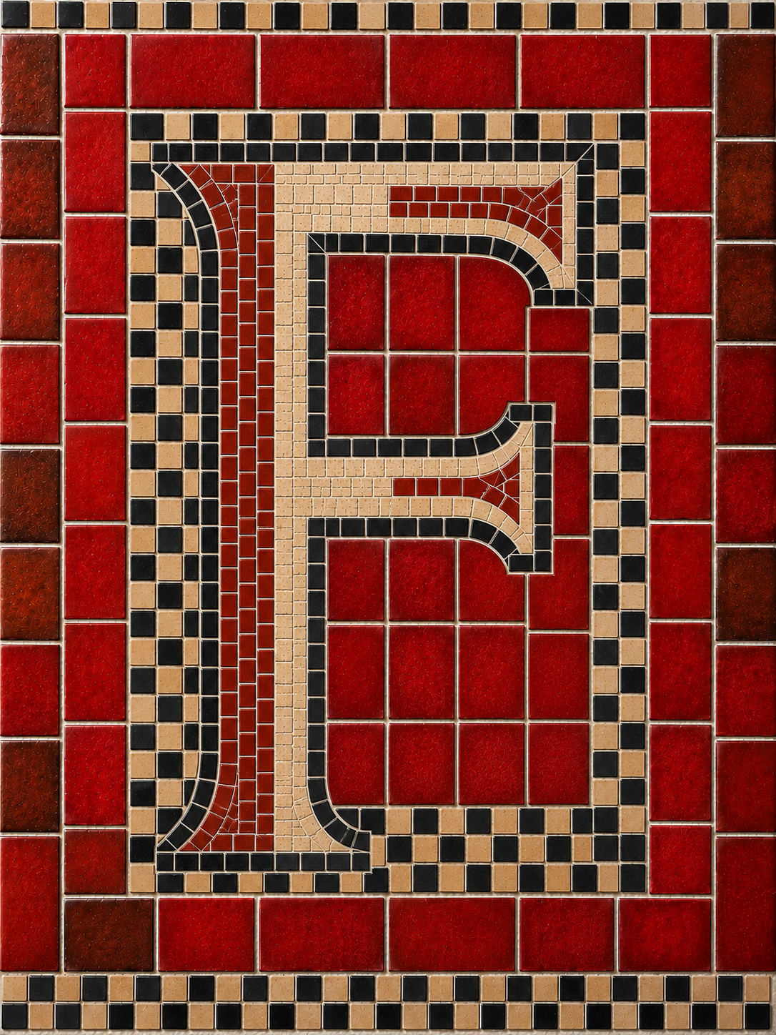 Conceptontwerp van een tegeltableau met huisletter F